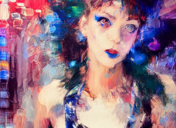 Prompt: detailed portrait of a punk girl with blue eyes in the city street at night, bokeh, long exposure, painting by giovanni boldini christopher doyle