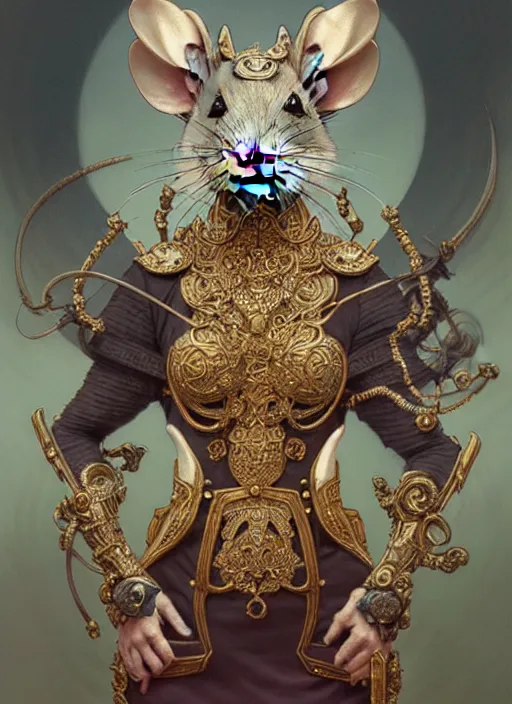 Prompt: symmetry!! portrait of a pet rat wearing detailed ornate armor, intricate, elegant, highly detailed, my rendition, digital painting, behance, concept art, smooth, sharp focus, illustration, art by artgerm and greg rutkowski and alphonse mucha and huang guangjian and gil elvgren and sachin teng