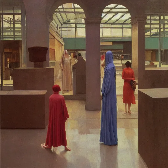 Image similar to woman in transparent robes, short skirt, in magnificent shopping mall, oil painting by edward hopper, zdislav beksinski, wayne barlowe