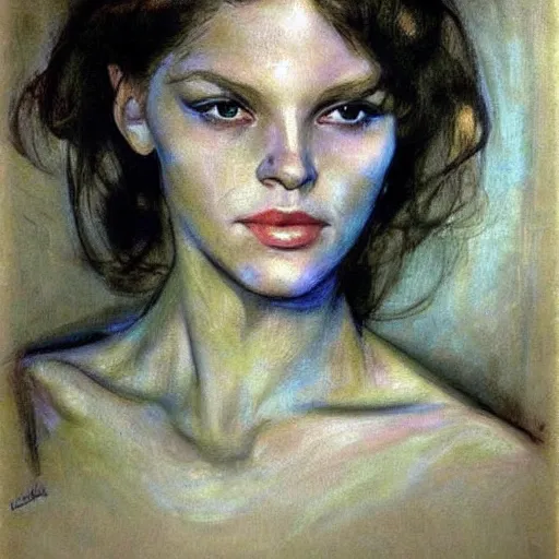 Image similar to gorgeous beautiful woman, slight smile, hyperrealism vrubel