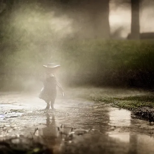 Image similar to A creepy leprechaun emerging from a puddle of water, dramatic, cinematic lighting