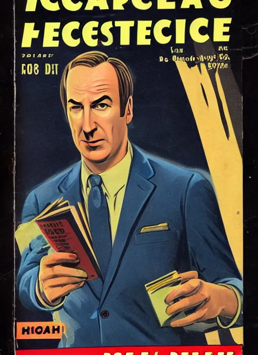 Prompt: portrait of bob odenkirk as saul goodman in the style of a detective book cover ace - high detective magazine 1 9 3 6, mad magazine, cover