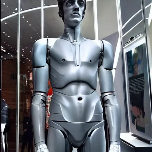 Image similar to “a realistic detailed photo of a guy who is an attractive humanoid who is half robot and half humanoid, who is a male android, actor Grant Gustin, shiny skin, posing like a statue, blank stare, at the museum, on display”