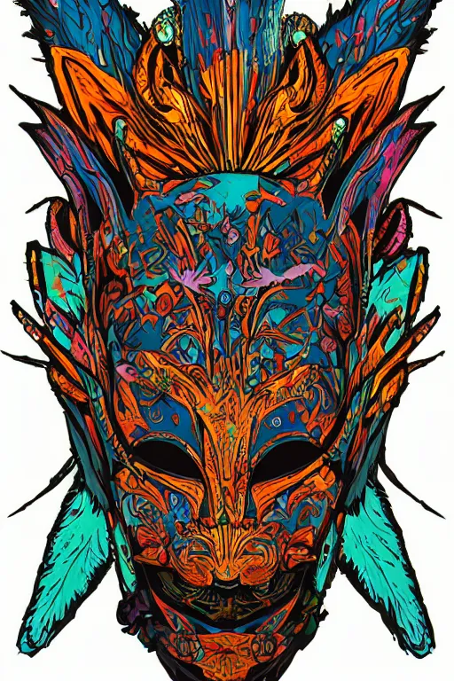 Image similar to animal mask totem roots flower tribal feather gemstone plant wood rock shaman vodoo video game vector cutout illustration vivid multicolor borderlands comics by josan gonzales and dan mumford radiating a glowing aura