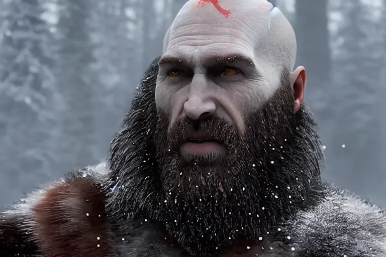 Prompt: vfx movie live action god of war closeup, natural grizzled skin, tough bald man in furs, grey beard, in snowy tahoe by emmanuel lubezki