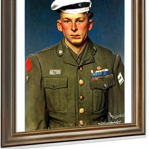 Image similar to frontal portrait of a soldier giving a military salute, but doing the loser hand gesture, by Norman Rockwell