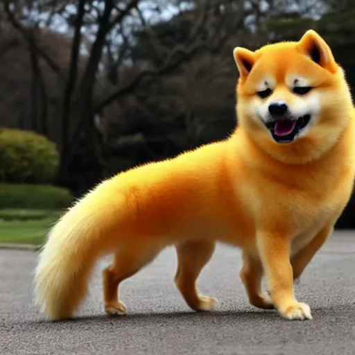 Image similar to real life super saiyan shiba inu with glowing yellow fur shooting a kamehameha energy beam