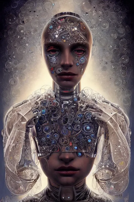 Image similar to humanoid robot, bioluminescent mushrooms skin, highly detailed, expressive eyes, beautiful symmetric body, perfect proportions, highly intricate, art by tom bagshaw and alex gray