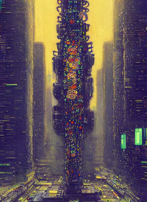 Image similar to a painting of a giant robot standing in front of a city, cyberpunk art by beeple art by gustav klimt, behance contest winner, nuclear art, dystopian art, apocalypse art, sci - fi