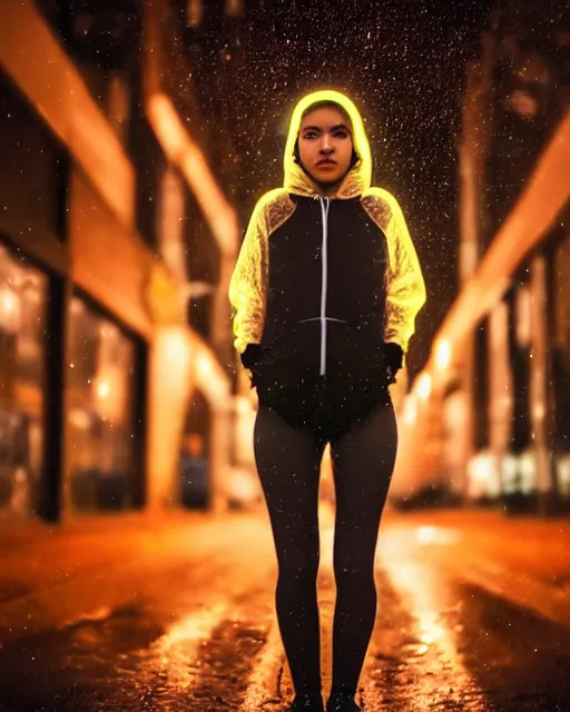 Image similar to a closeup portrait of as beautiful young woman wearing a transparent hoody standing in the middle of a busy night road, raining with lots on neon lights on the background, very backlit, moody feel, dramatic