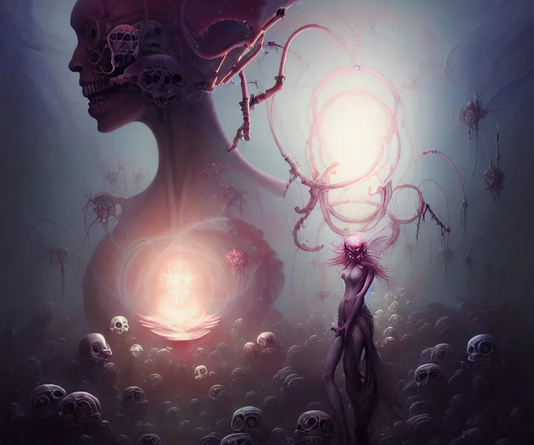 Image similar to mix media, biomecanical cyber alian of the whiched,, artwork by charlie bowater and tom bagshaw, insanely detailed, artstation, psychedelic art. atoms surrounded by skulls and spirits deep under the sea, horror, sci - fi, surrealist painting, by peter mohrbacher anato finnstark