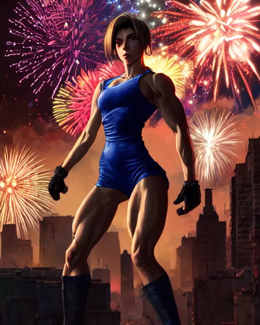 Image similar to gigachad jill valentine bodybuilder jumping in front of a fireworks show fighting in racoon city, fantasy character portrait, ultra realistic, anime key visual, full body concept art, intricate details, highly detailed by greg rutkowski, ilya kuvshinov, gaston bussiere, craig mullins, simon bisley