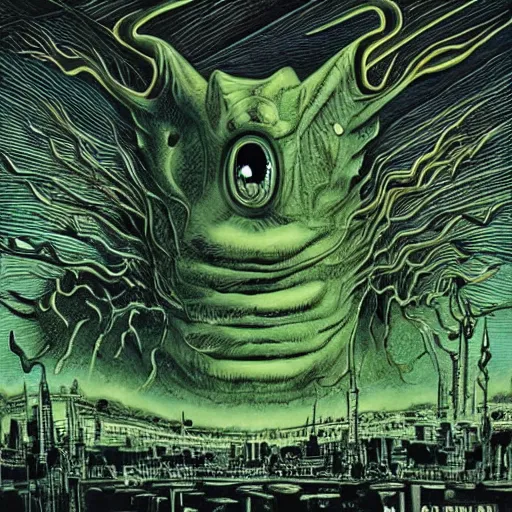 Image similar to by nick walker, by david a. hardy deep green, shaders lush. a beautiful illustration of a large, monster looming over a cityscape. the monster has several eyes & mouths, & its body is covered in spikes. it seems to be coming towards the viewer, who is looking up at it in fear.