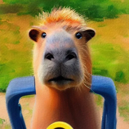 Prompt: impressionist painting of a capybara standing up riding a Segway