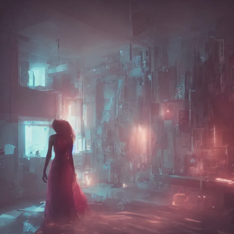 Image similar to photo of a lonely woman wearing a gown dancing in her bedroom, during the night, cyberpunk, neon, very detailed, artstation, soft lights, sharp focus, 8 k, unreal engine, heavy grain, fine facial features