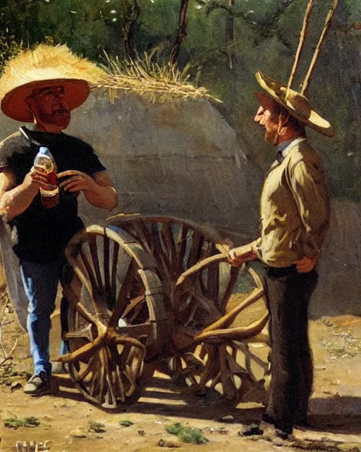 Prompt: Alex Jones is selling snake oil. he is wearing a cylinder hat and holds a stick and a bottle in his hands. there is a wagon in the background loaded with snake oil. painting by Alfred Waud