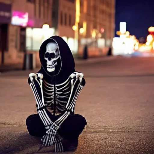 Image similar to a skeleton in a hoodie sitting on the street smoking a cigarette at night