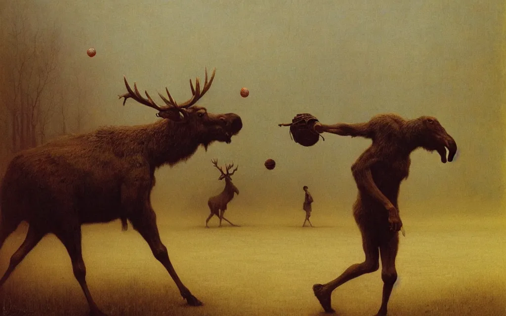Prompt: painting of a man playing baseball with eldritch moose beings, friendly sports match, by Zdzislaw Beksinski, gothic, amazing details, cold hue's, warm tone gradient background