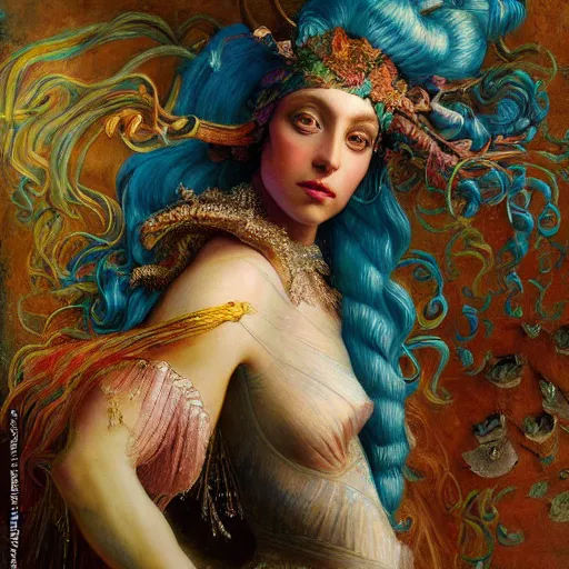 Image similar to intricate detail, hyper detail, gaston bussiere, sandro botticelli style photoshoot, lady gaga, artpop act ii album, with neon aqua rapunzel dreadlocks, detailed, masterpiece, sharp focus,