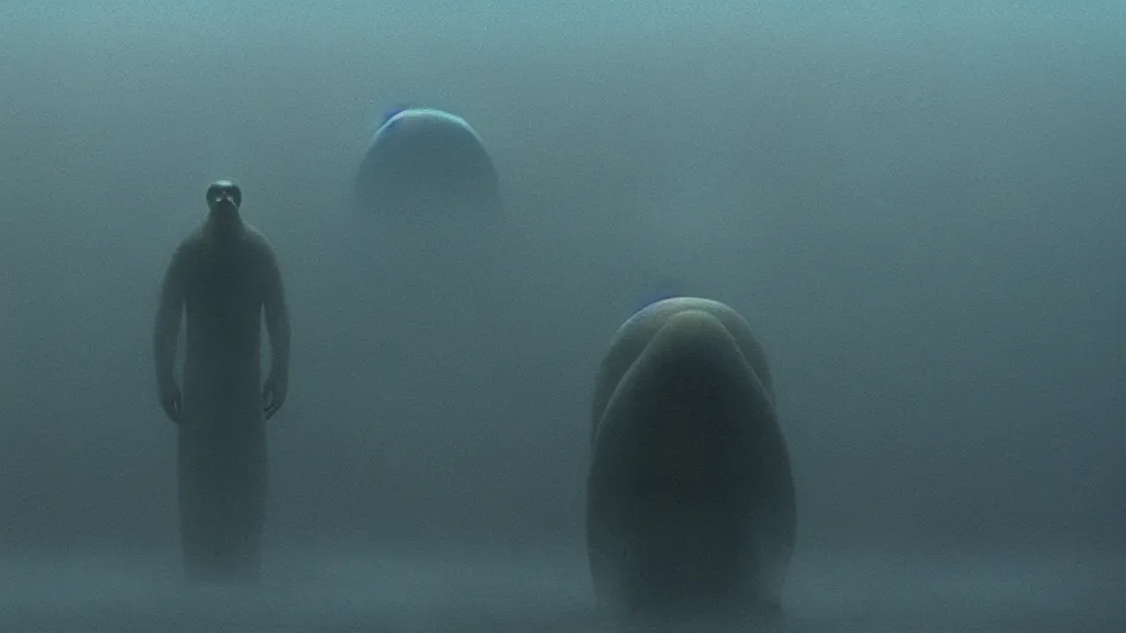 Image similar to the strange creature at the bottom of the ocean, film still from the movie directed by Denis Villeneuve with art direction by Zdzisław Beksiński, long lens, shallow depth of field