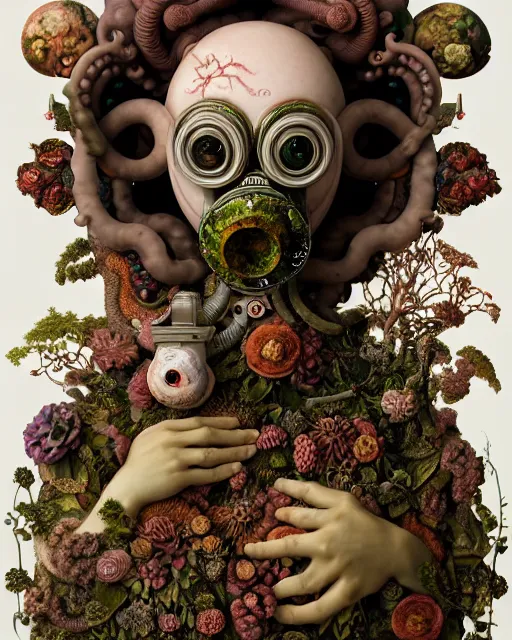 Image similar to a biomorphic portrait with with large eyes, expressive, wearing a botanical gas mask, baroque painting by ayami kojima, mark ryden, arcimboldo, cephalopod human chimera, mixed media 3 d collage, focus on head, soft light, 4 k, octane high quality render