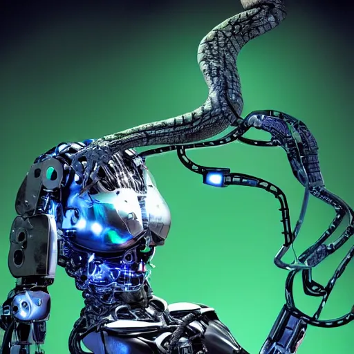 Image similar to the torso of fully a mechanical terminator lady with borg implants, human face and robotic snakes coming out of her head is hanging from cables and wires off the ceiling of an futuristic computer lab and plugged into a quantum computer. Her bottom half is missing with cables hanging out. She is taking a sip from a cup of coffee. Tiny green led lights in her cybernetics. very detailed 8k. Cyberpunk horror style.