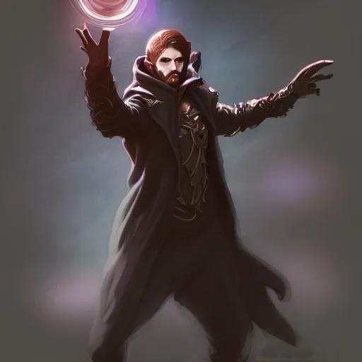 Image similar to a male warlock posing for photo , dynamic pose, natural lighting, medium level shot, Mucha style , Grim fantasy, illustration ,concept art,