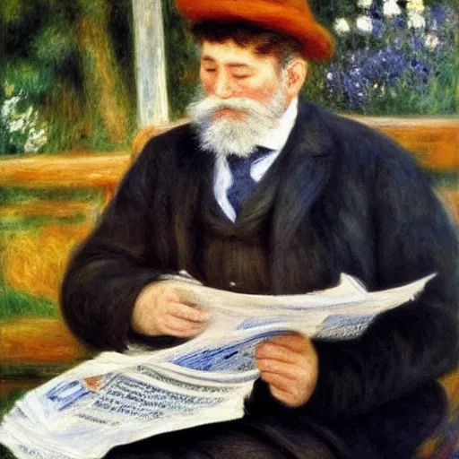 Prompt: Pierre-Auguste Renoir - Painting of Claude Monet while reading a newspaper and smoking pipe