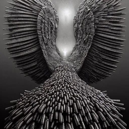 Prompt: horrifying mutant bird made of electricity fused with thousands of birds, thousand heads, mutilated, horror, blood, heavy damage, post apocalyptic, dystopian surrealism, grey, zdzisław beksinski, sad atmosphere, volumetric light, style giger, alex ries, symmetry accurate features, symmetry accurate features, very intricate details, high resolution, intricate