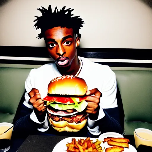 Image similar to a realistic photo of playboi carti eating a burger, film grain, vintage photo, high contrast