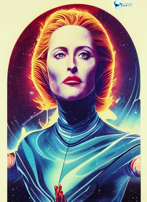 Prompt: gillian anderson as a space wizard, science fiction, high details, intricate details, by vincent di fate, artgerm julie bell beeple, 1 9 8 0 s, inking, vintage 8 0 s print, screen print