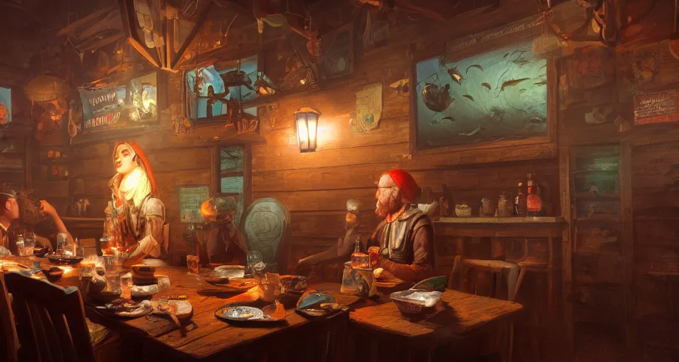 Image similar to a beautiful painting of a fish at a tavern, gigantic, octane render, brilliantly coloured, intricate, ultra wide angle, trending on artstation, dusk, volumetric lighting, polished, micro details, ray tracing, 8k