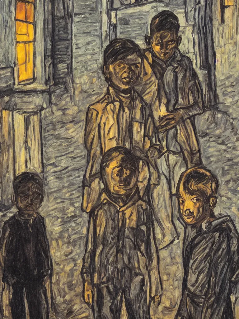 Image similar to backlit portrait of 2 kids posing at night, by alice neel, high definition, intricate details, atmospheric, town square, dark, vegetation, small town, god light