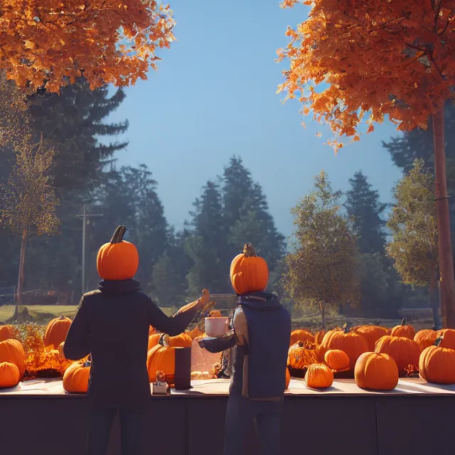 Prompt: pumpkin headed people ordering coffee at a coffee stand, maple trees with fall foliage, volumetric, realistic, cinematic lighting, ray tracing, unreal engine 5, octane render, hyper realistic, photo, 8 k