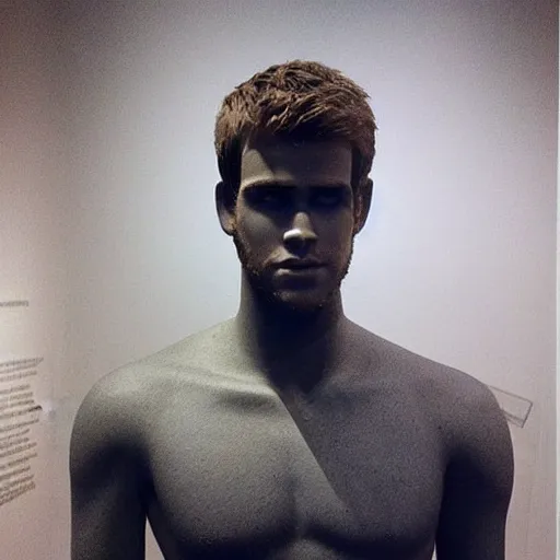 Image similar to “a realistic detailed photo of a guy who is an attractive humanoid who is half robot and half humanoid, who is a male android, actor Liam Hemsworth, shiny skin, posing like a statue, blank stare, at the museum, on display”