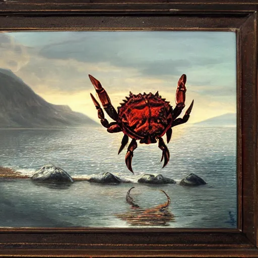 Image similar to crab monster in the lake, matte painting, detailed, elden ring, oil on canvas