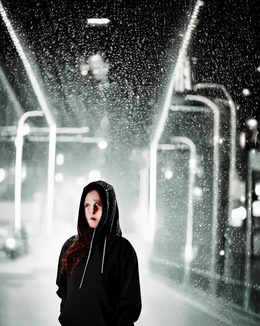 Image similar to a closeup portrait of as beautiful young woman wearing a transparent hoody standing in the middle of a busy night road, raining with lots on neon lights on the background, very backlit, moody feel, dramatic