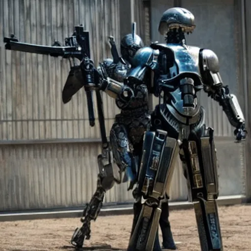 Image similar to cinematic still in westworld and real steel movie, one slim full body ornate armored core with sci - fi rifle arms by fujioka kenki and by mamoru nagano,