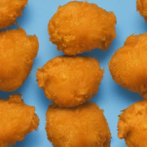 Prompt: a flock of chicken mcnuggets learning to fly