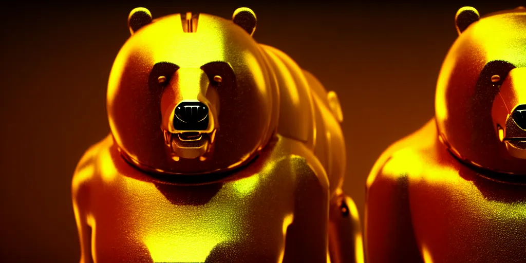 Image similar to film still of a mechanical bear made of gold in a marvel movie, science fiction industrial hard science concept art, 8K render octane high definition cgsociety, photorealistic, unreal engine 5