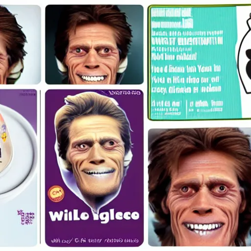 Image similar to a yogurt with the face of willem dafoe on it