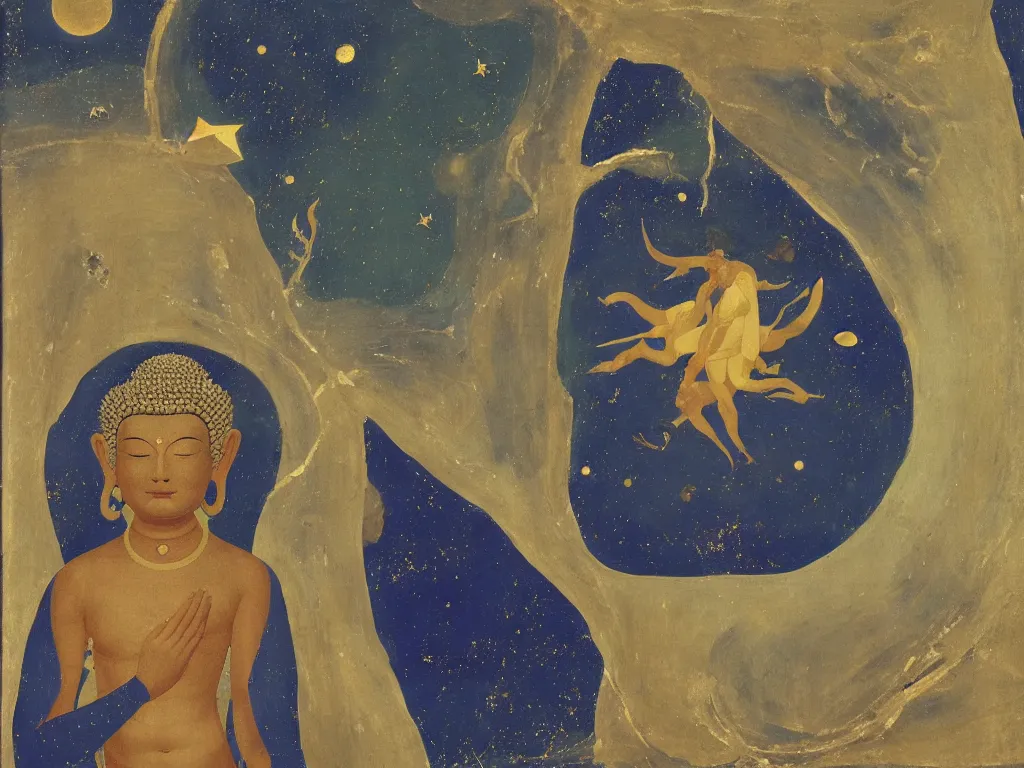 Image similar to Portrait of a Buddhist deity with comet, night sky, deer. Lapis Lazuli, malachite, cinnabar, gold. Painting by Piero della Francesca, Balthus, Agnes Pelton