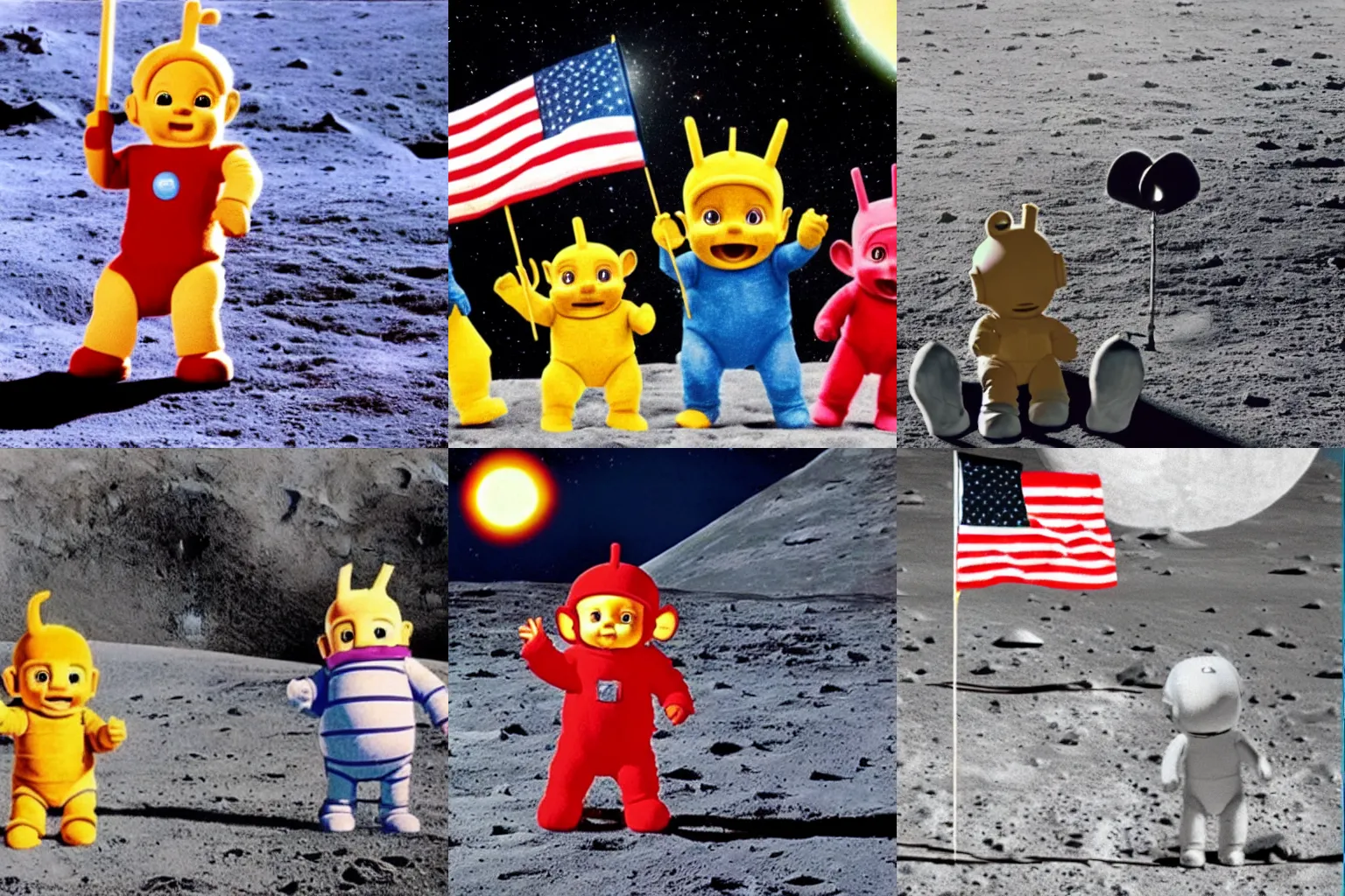 Prompt: teletubbies in a moon landing picture with american flag