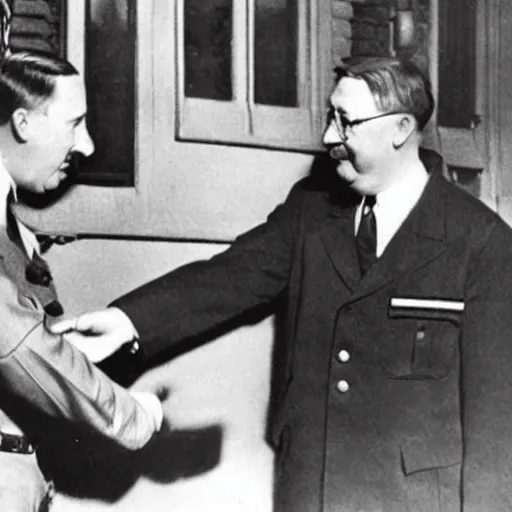 Image similar to vintage photograph of sam hyde and adolf hitler shaking hands, very detailed,