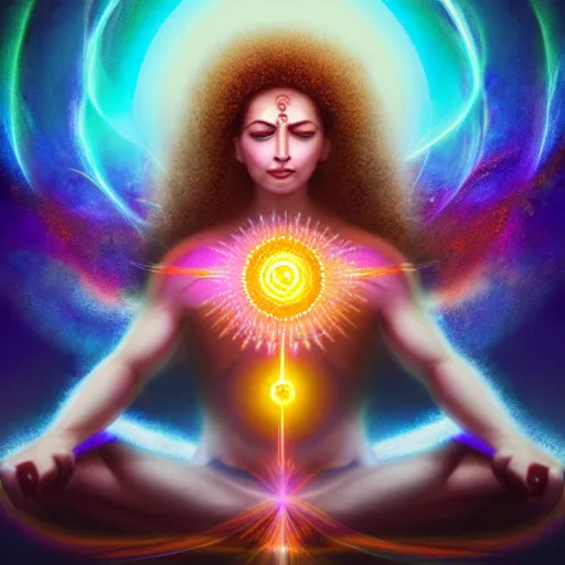 Image similar to the chakras awakened, a god, god, ecstatic, infinite power, manic, perfect eyes, full body shot, magical being, magic, portrait, noble, transformation, vivid colors, elegant, concept art, sharp focus, digital art, Hyper-realistic, 4K, Unreal Engine, Highly Detailed, HD, Dramatic Lighting by Brom, trending on Artstation