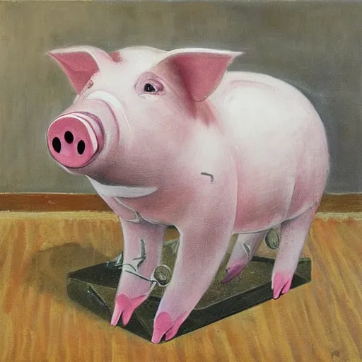 Prompt: “pig paintings and pig sculptures in a pig art gallery, pork, ikebana white flowers, white wax, squashed berries, acrylic and spray paint and oilstick on canvas, by munch and Dali”