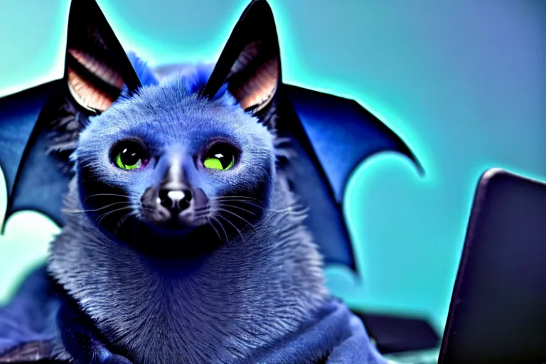 Image similar to a blue - and - black male catbat fursona with blue / green heterochromatic eyes ( differently - colored eyes ) and huge bat ears, photo of the catbat streaming on his computer