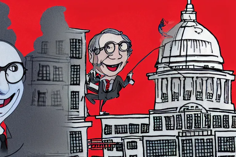 Prompt: senator mitch McConnell laughing maniacally in front of a burning capitol building, digital illustration by pixar and studio ghibli