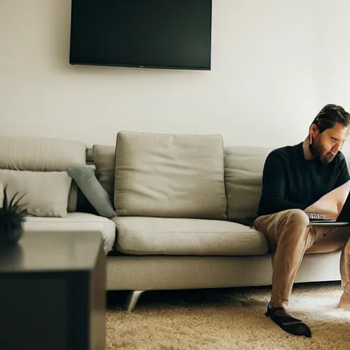 Prompt: During the night, a man alone on his computer in the living room of his apartment