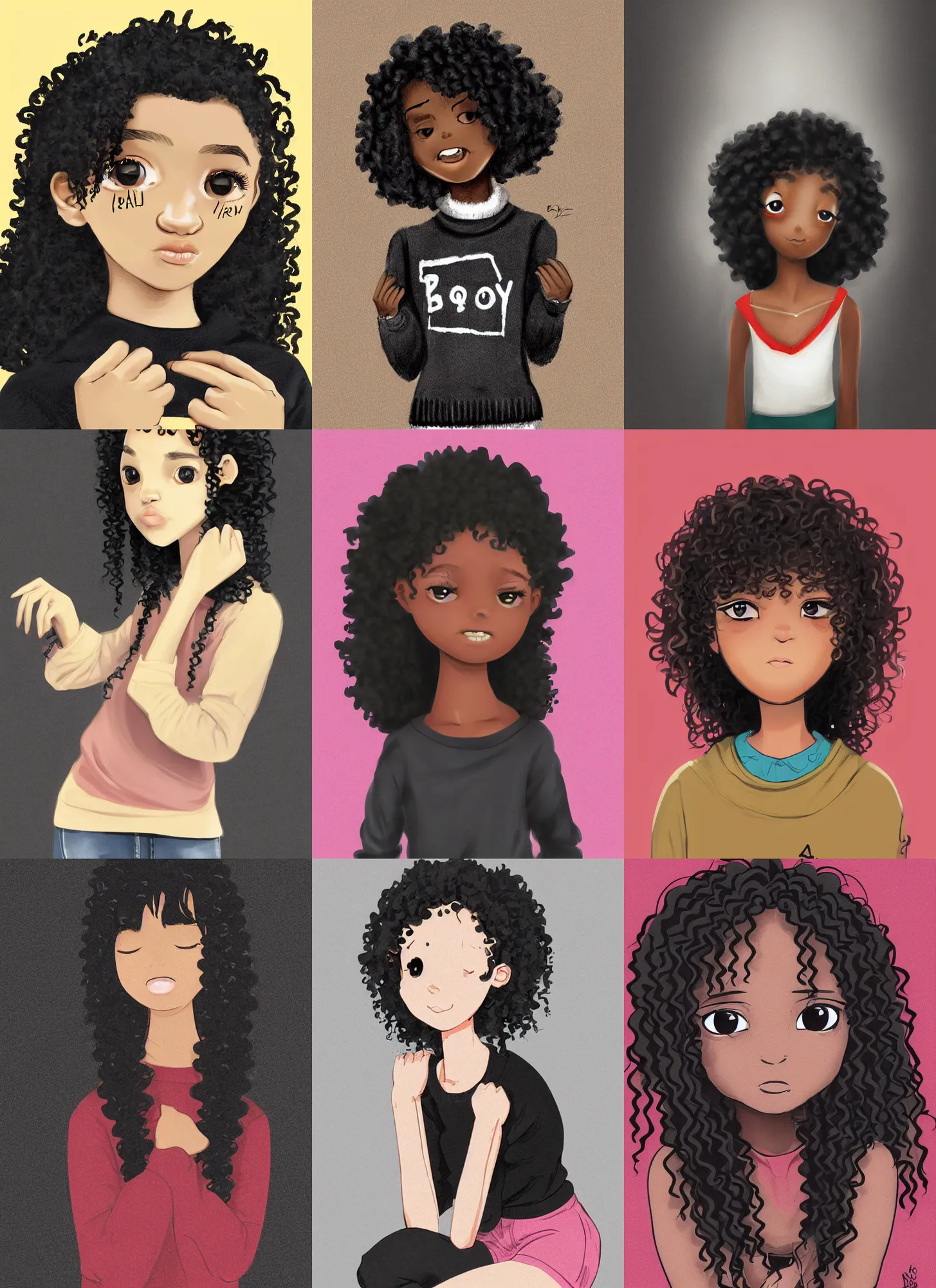 Prompt: a shy dark skinned brazilian girl blushing, cute, black curly hair, wearing a black sweater with the word boy drawn on it, digital art, artstation, smooth